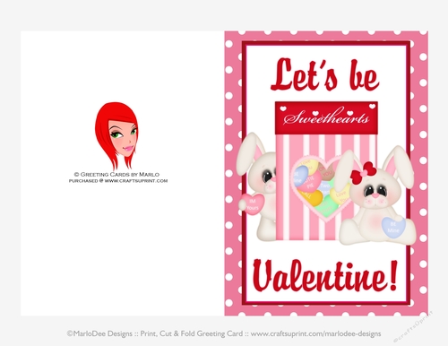 Lets Be Sweethearts - Childrens Printable Valentines Day 5x7 Greeting Card - Bunny Design