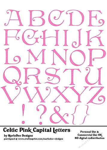 Celtic Irish Style Pink Capital Letters 5x7 Alphabet Sheet
