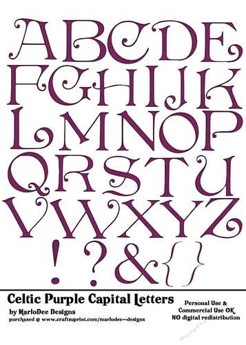 Celtic Irish Style Purple Capital Letters 5x7 Alphabet Sheet