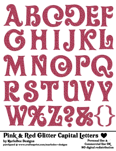 Pink & Red Glitter Capital Plastic Look Letters A4 Alphabet Sheet - OLVR