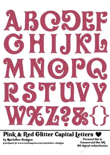 Pink & Red Glitter Capital Plastic Look Letters 5x7 Alphabet Sheet - OLVR