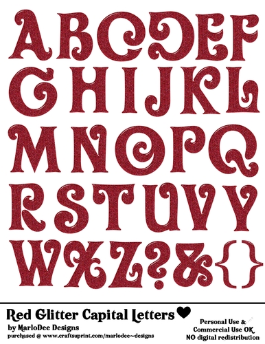 Red Glitter Capital Plastic Look Letters A4 Alphabet Sheet - OLVR