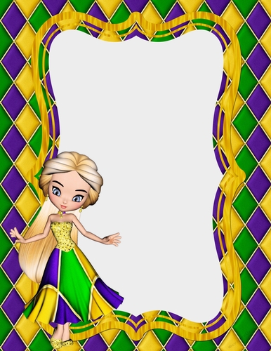 Harlequin Mardi Gras Pattern with White Tag & Mardi Gras Girl - A4 Size Background
