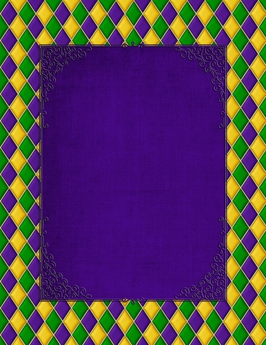 Harlequin Mardi Gras Pattern with Purple Framed Tag - A4 Size Background