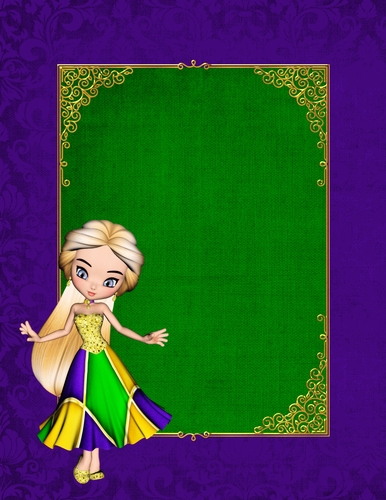 Elegant Purple A4 Size Background with Gold Framed Tag & Poser Girl 