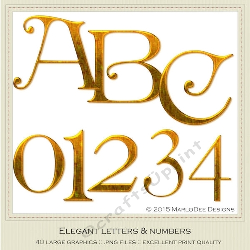 Gold Irish Style Curled Standard Alphabet Capital Letters & Number Graphics