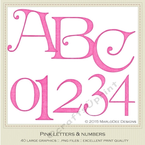 Pink Irish Style Curled Standard Alphabet Capital Letters & Number Graphics
