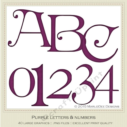 Purple Irish Style Curled Standard Alphabet Capital Letters & Number Graphics