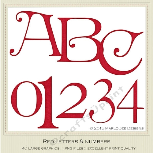 Red Irish Style Curled Standard Alphabet Capital Letters & Number Graphics