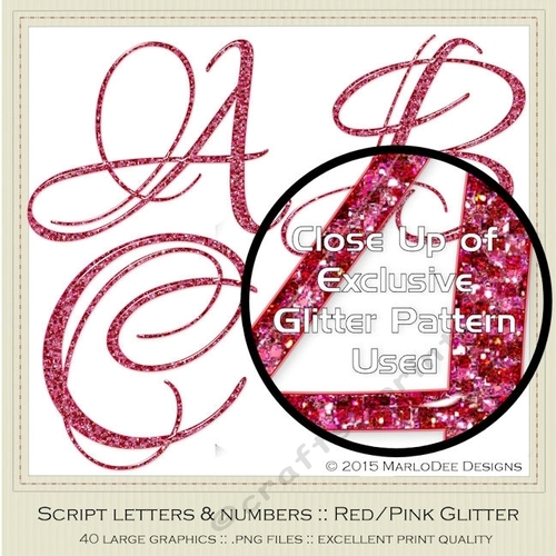 Pink & Red Glitter Mix - Capital Alphabet Elegant Script Letters & Numbers