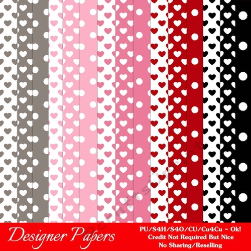 Valentines Day Colors 19 - Hearts & Polka Dots Patterns Paper A4 Size Backgrounds