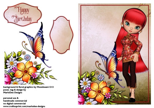 Asian Cookie Girl Quick Birthday Day Card Sheet