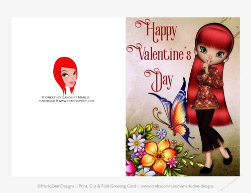 Red Hair Asian Cookie Girl Quick Cut & Fold Valentines Day 5x7 Greeting Card