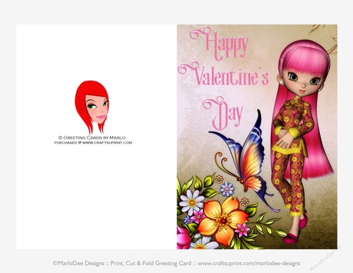 Hot Pink Hair Asian Cookie Girl Quick Cut & Fold Valentines Day 5x7 Greeting Card