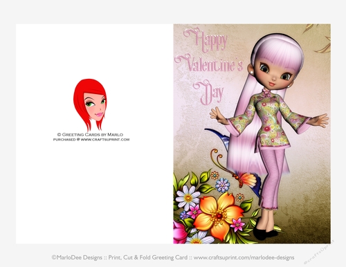 Pink Hair Asian Cookie Girl Quick Cut & Fold Valentines Day 5x7 Greeting Card