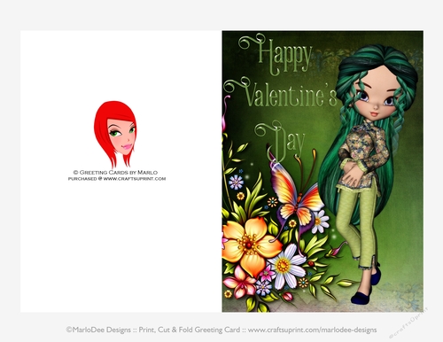 Green Hair Asian Cookie Girl Quick Cut & Fold Valentines Day 5x7 Greeting Card