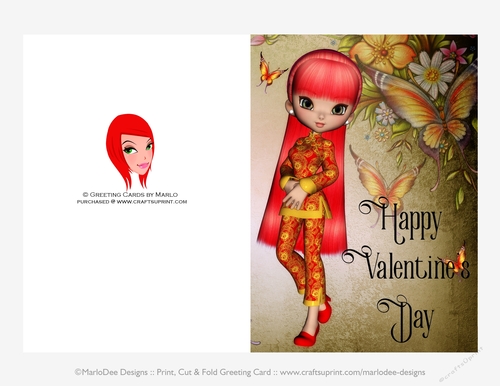 Orange Red Hair Asian Cookie Girl Quick Cut & Fold Valentines Day 5x7 Greeting Card
