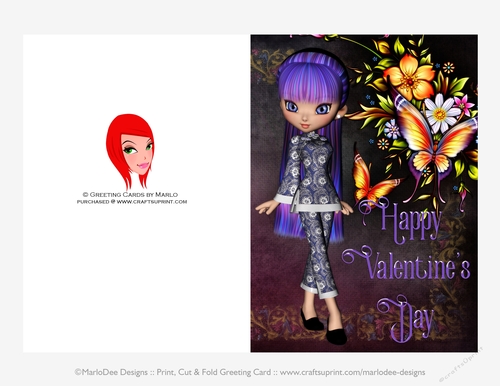 Bright Purple Mix Hair Asian Cookie Girl Quick Cut & Fold Valentines Day 5x7 Greeting Card