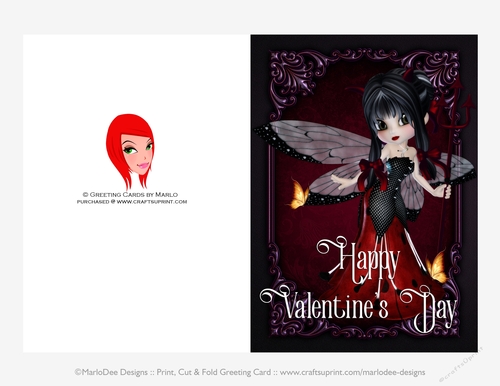 Little Ladybug Devil Girl Quick Cut & Fold Valentines Day 5x7 Greeting Card - Black Hair 