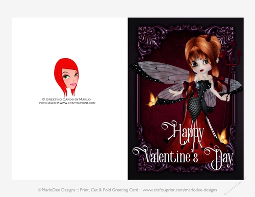 Little Ladybug Devil Girl Quick Cut & Fold Valentines Day 5x7 Greeting Card - Red Hair 