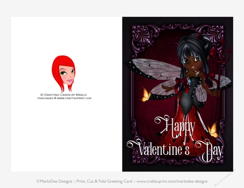 Little Ladybug Devil Girl Quick Cut & Fold Valentines Day 5x7 Greeting Card - Black Hair 2
