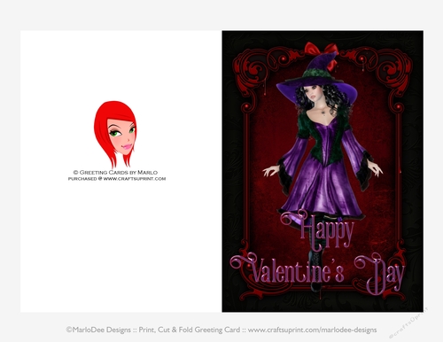 Purple Dress Witch Gothic Quick Cut & Fold Valentines Day 5x7 Greeting Card - Black Hair