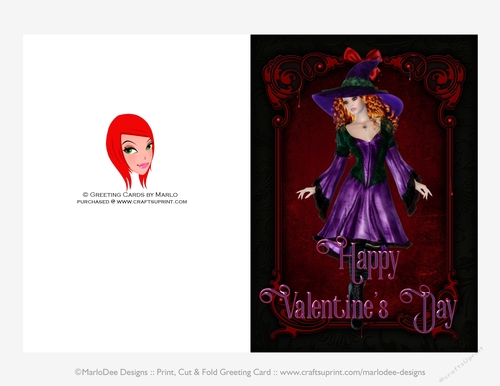 Purple Dress Witch Gothic Quick Cut & Fold Valentines Day 5x7 Greeting Card - Red Hair