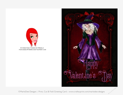 Purple Dress Witch Gothic Quick Cut & Fold Valentines Day 5x7 Greeting Card - Blonde Hair