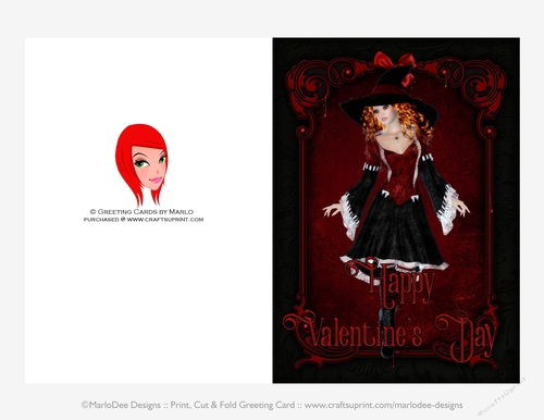 Red & Black Dress Witch Gothic Cut & Fold Valentines Day 5x7 Greeting Card - Red Hair