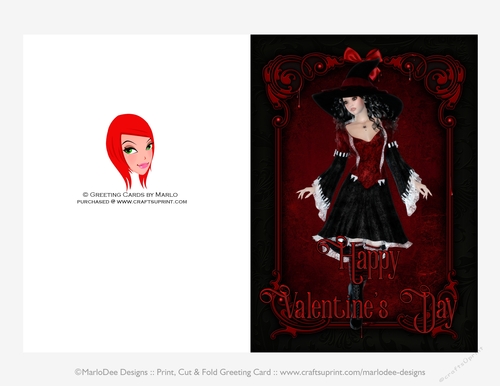 Red & Black Dress Witch Gothic Cut & Fold Valentines Day 5x7 Greeting Card - Black Hair