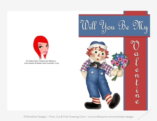 Raggedy Andy with Flowers Cut & Fold Valentines Day 5x7 Greeting Card