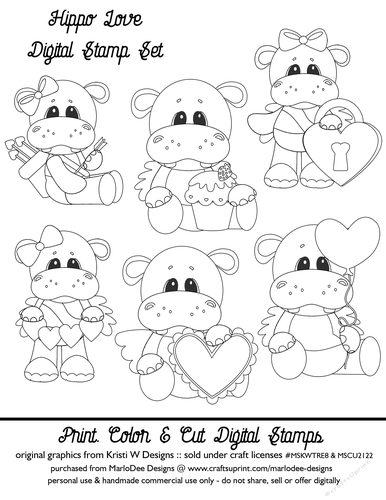 Hippo Love Valentines Day Digital Stamp Set - A4 Size Sheet