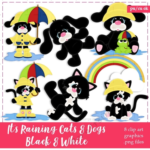 Its Raining Black & White Dogs & Cats Clipart