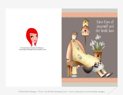 Primitive Angel - Get Well Soon - 5x7 Cut & Fold Card (CU Allowed)