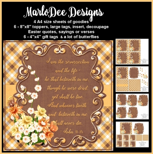 Easter Quotes & Sayings - Brown & Golden Plaid & Flowers Mini Card Kit d2