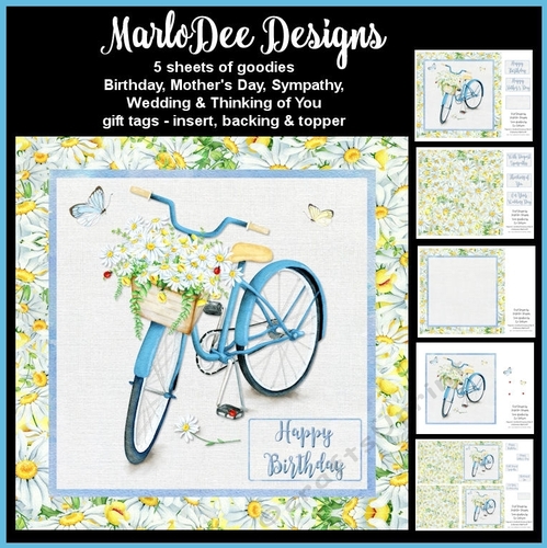 Pretty Blue Bicycle with Daisy Flower Basket - Mixed Sentiments Mini Card Kit