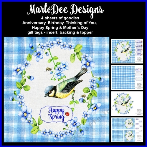 Blue Flowers Wreath with Beautiful Bird - Mixed Sentiments Mini Card Kit