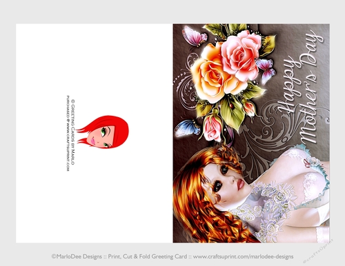 Cut & Fold 5x7 Mothers Day Card | Beautiful Red Hair Woman with Roses
