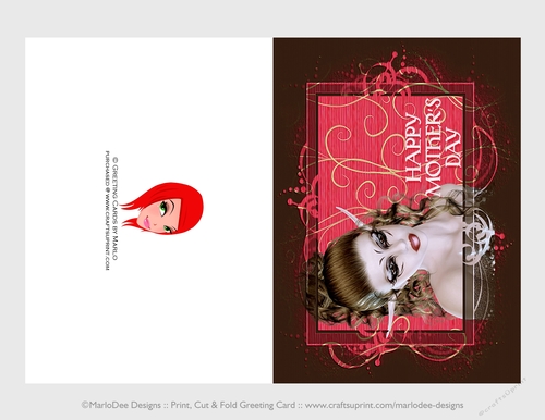 Cut & Fold 5x7 Mothers Day Fantasy Card | Brown Hair Elf on a Coral Color Background