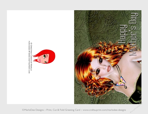 Cut & Fold 5x7 Mothers Day Fantasy Card | Beautiful Redhead Woman on Green Background