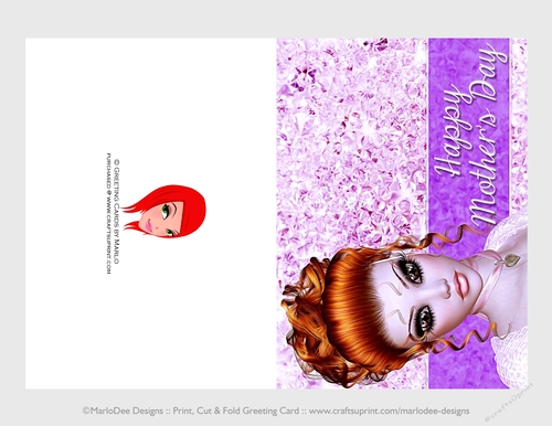 Cut & Fold 5x7 Mothers Day Fantasy Card | Pink Diamonds Red Hair Woman