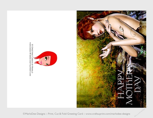 Cut & Fold 5x7 Mothers Day Fantasy Card | Red Hair Elf in Olive Green Dress