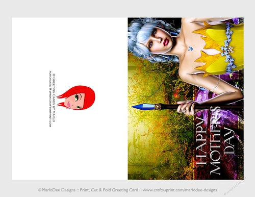Cut & Fold 5x7 Mothers Day Fantasy Card | Blue Hair Crystal Elf in Yellow Dress