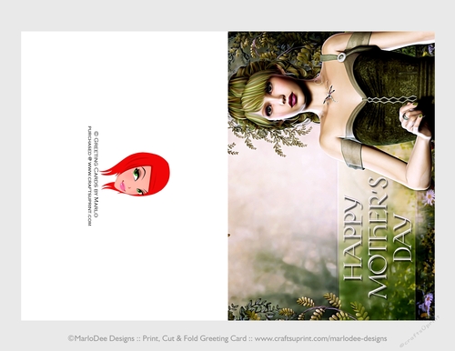 Cut & Fold 5x7 Mothers Day Fantasy Card | Green Hair Elf in a Green Dress