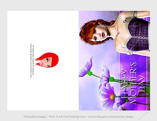 Cut & Fold 5x7 Mothers Day Fantasy Card | Red Hair Elf in a Purple Dress