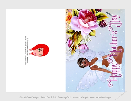 Cut & Fold 5x7 Mothers Day Fantasy Card | Red Hair Ethnic Skin Fairy with Beautiful Flowers