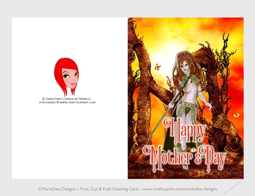 Cut & Fold 5x7 Mothers Day Fantasy Card | Elf Warrior on a Fiery Background
