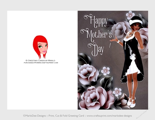 Cut & Fold 5x7 Mothers Day Fantasy Card | 1920s Flapper in a Black & White Dress