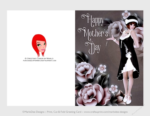 Cut & Fold 5x7 Mothers Day Fantasy Card | 1920s Flapper in a Black & White Dress 2