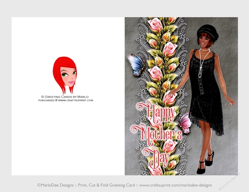 Cut & Fold 5x7 Mothers Day Fantasy Card | 1920s Flapper in a Black Dress 2